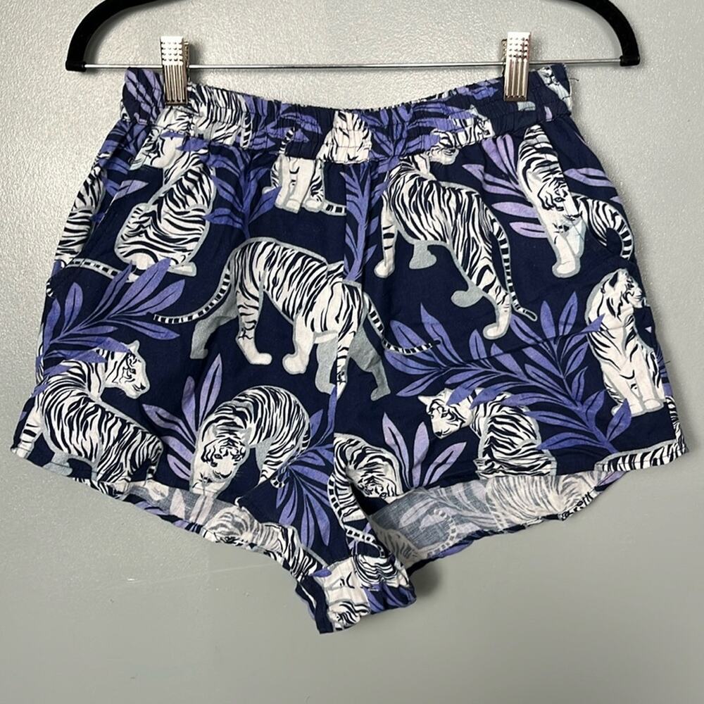 NWOT Las Sureñas Linen Tiger Shorts White Blue Women's Size L